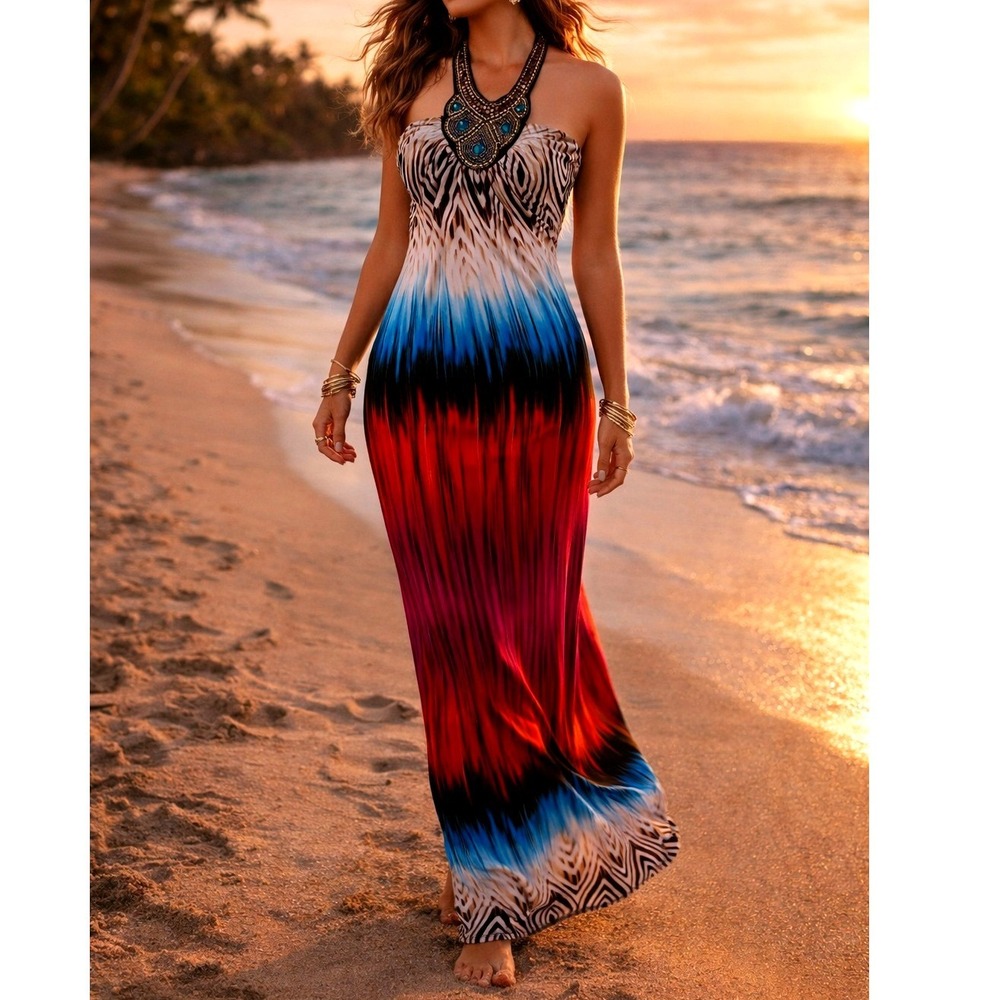 Venus Strapless Maxi Dress XS Tribal Beaded Boho Colorblock Ombre Resort Beach